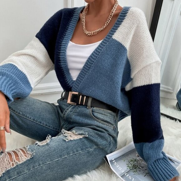 SHADES OF BLUE COLOR BLOCK CARDIGAN WINTER FALL - Picture 2 of 7